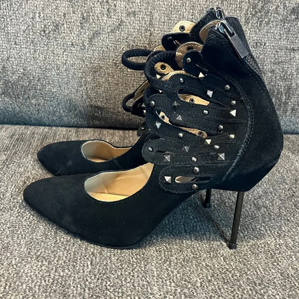 Stiletto Heels Womens 9 Black Suede Shoes Standing In The Wings Studded Sexy
